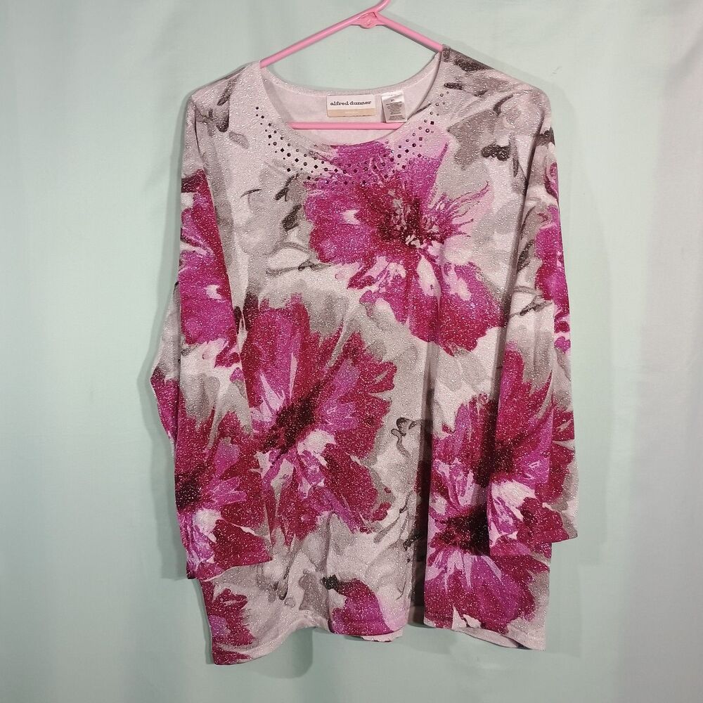 Alfred Dunner Women’s Pink Floral Sparkle Top – Long Sleeve Rhinestone